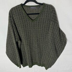 Vintage Profilo Sport Green Beige Diamond Patterned V Neck Pullover Sweater L